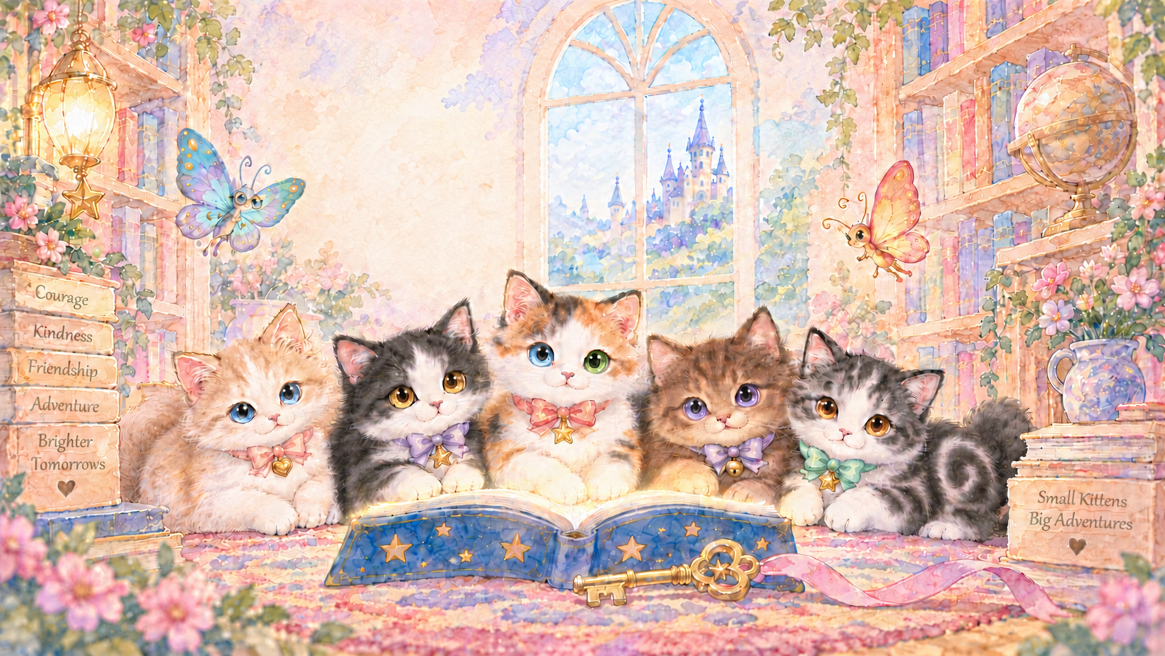Honey, Misty, Spice, Jilly and Sheba gather around a magical blue storybook in a pastel watercolor library.
